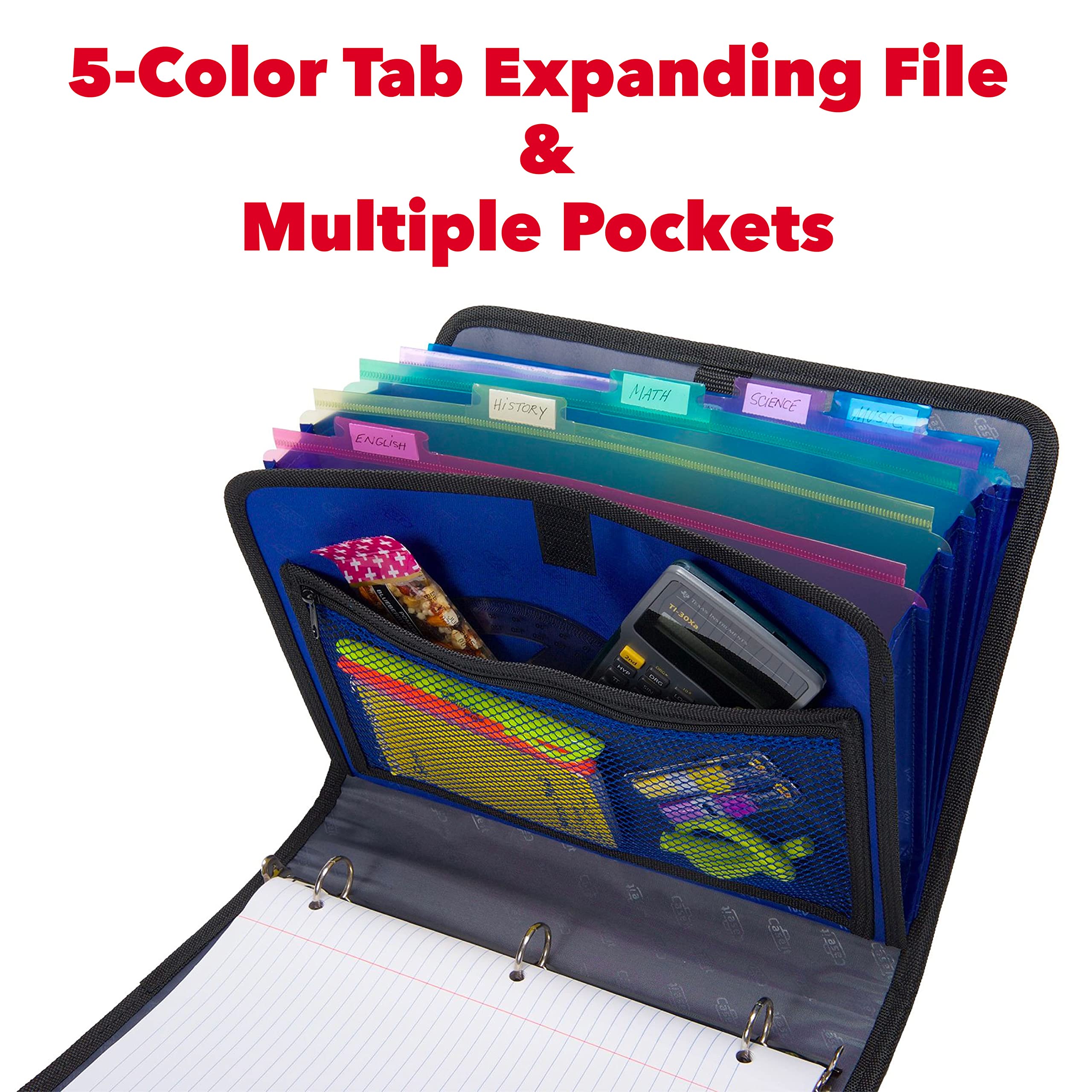 Case-it 1 Inch O-Ring Binder with 5-Color Tabbed Expanding File Folder and Secure Elastic Strap, ‎SLIM-621-FN Red - Image 3