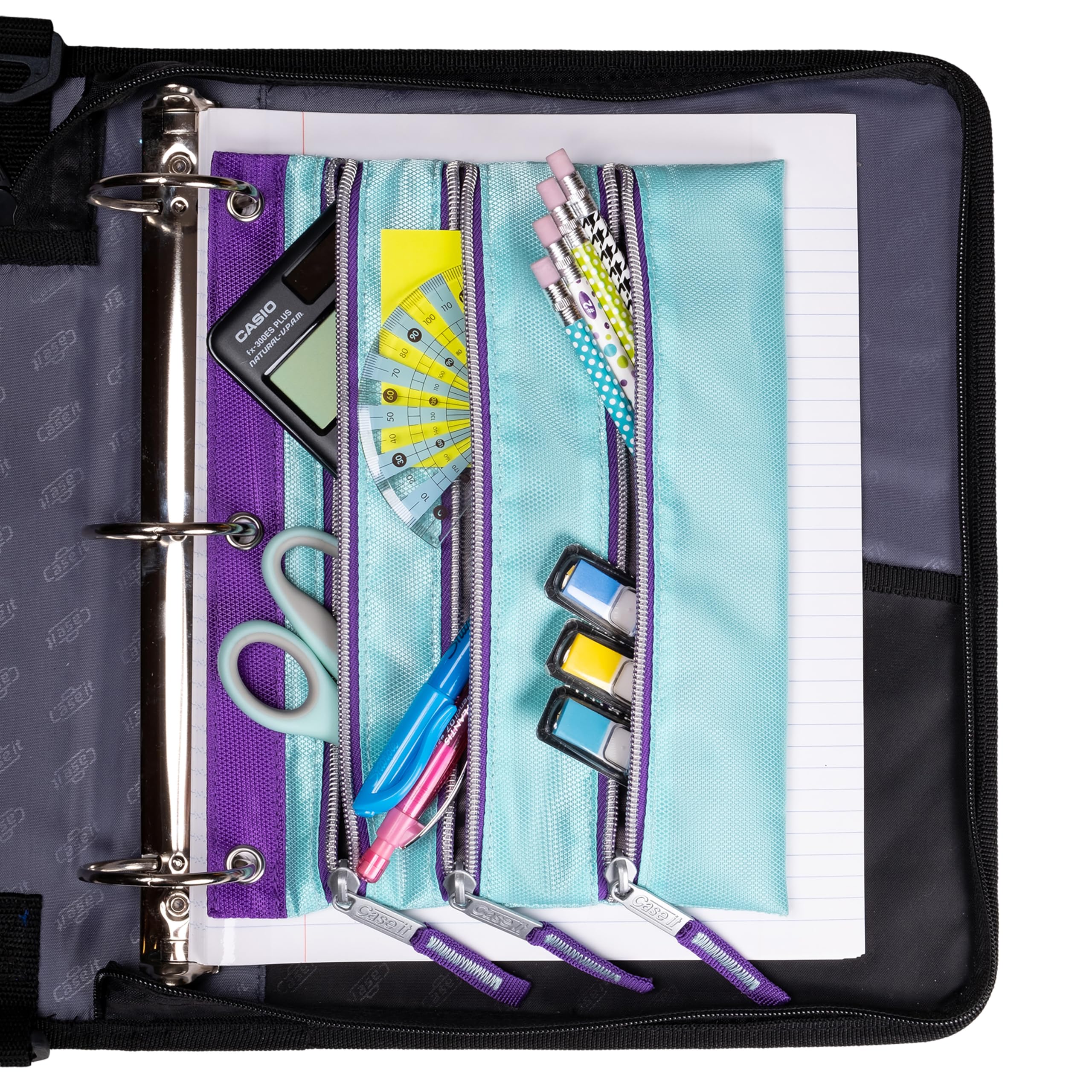 Case-It 6 Pack Tri-Zip, Zipper Pencil Pouches Bulk, Durable in binder Pencil Bags, Pencil Case for Office Supplies Travel Cosmetics Accessories in 5 Colors, PLP-180-C, Assorted Colors - Image 14