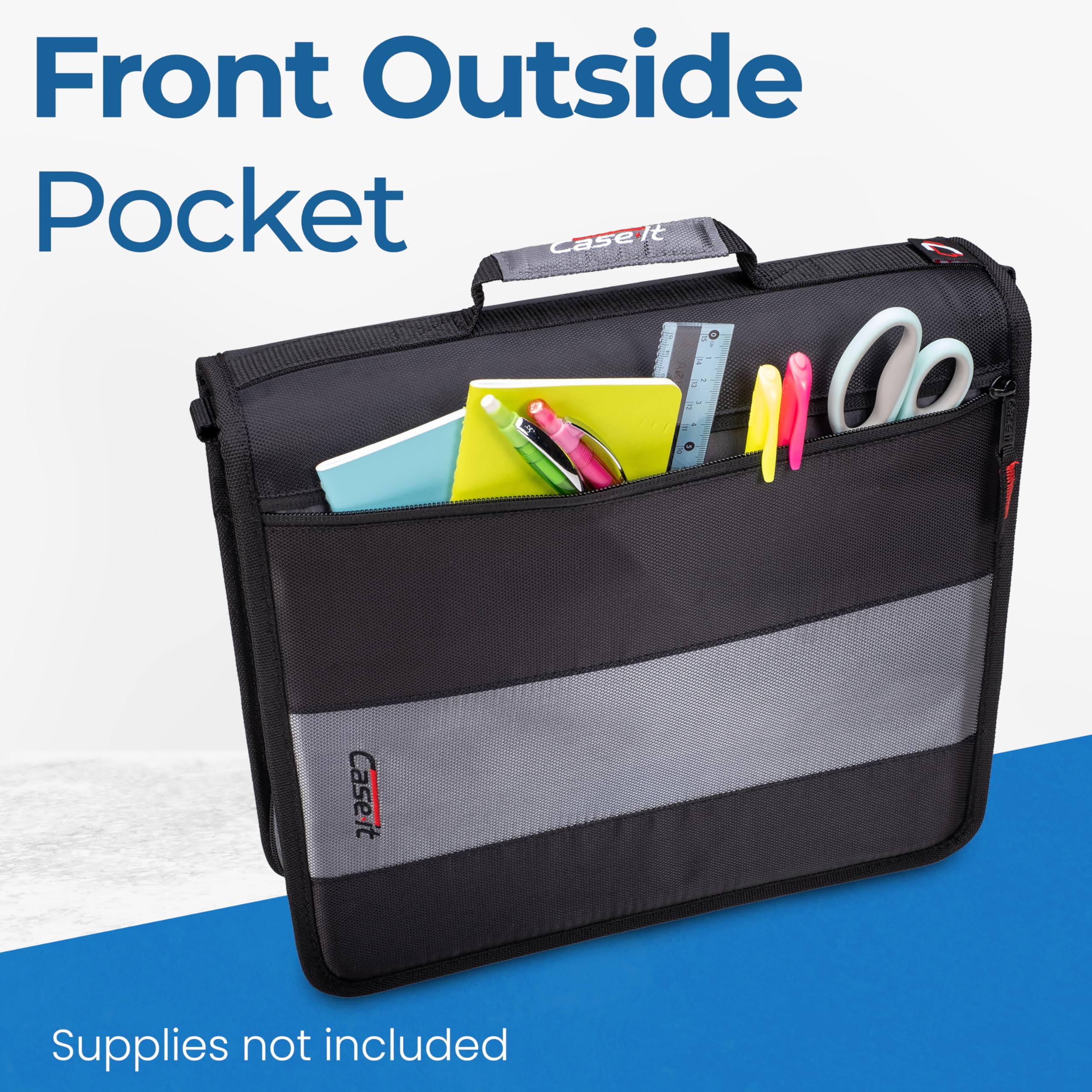 Case-it Classic Zipper Binder | 2-Inch O-Rings, 350 Sheet Capacity, Multiple Storage Pockets & Shoulder Strap | School & Office Organizer | D-251 Jet Black. - Image 6