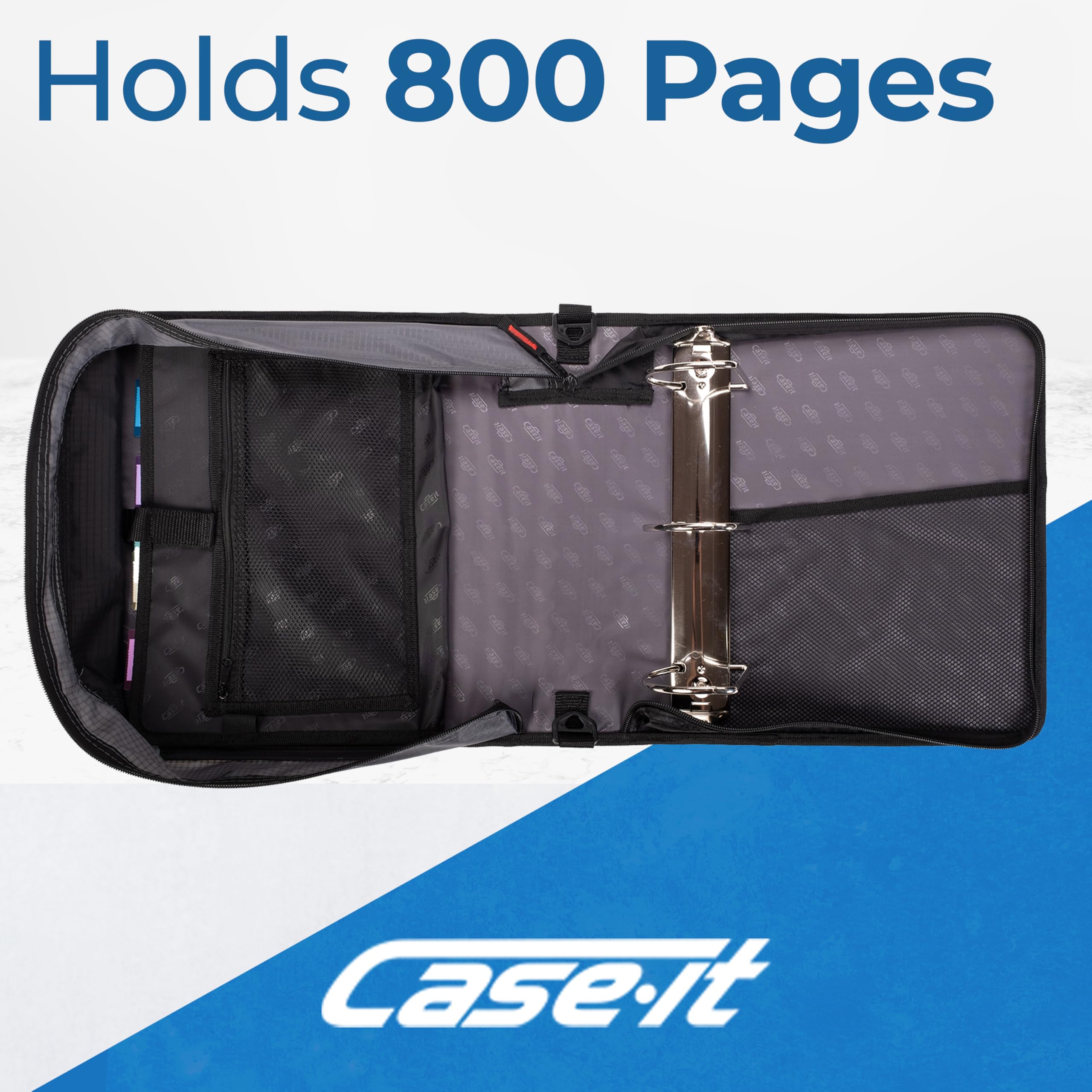 Case-it King Sized Zip Tab School Zipper Binder | 4-Inch D-Rings, 800 Sheet Capacity, 5-Subject Expanding File Folder, Multiple Pockets & Storage Organizer, Shoulder Strap | D-186 Jet Black | 4 Pack - Image 3