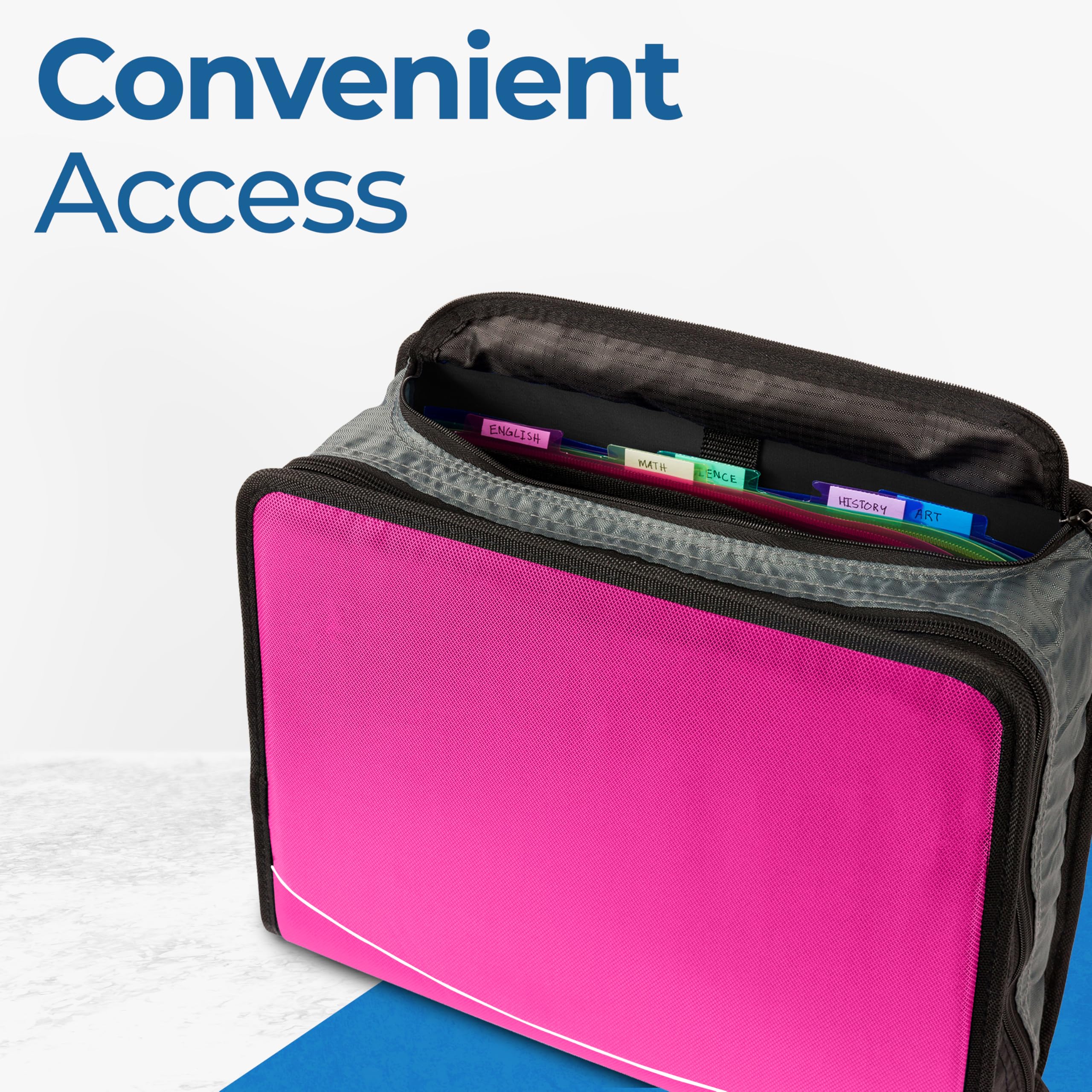 Case-it King Sized Zip Tab School Zipper Binder | 4-Inch D-Rings, 800 Sheet Capacity, 5-Subject Expanding File Folder, Multiple Pockets & Storage Organizer, Shoulder Strap | D-186 Magenta | 4 Pack - Image 6