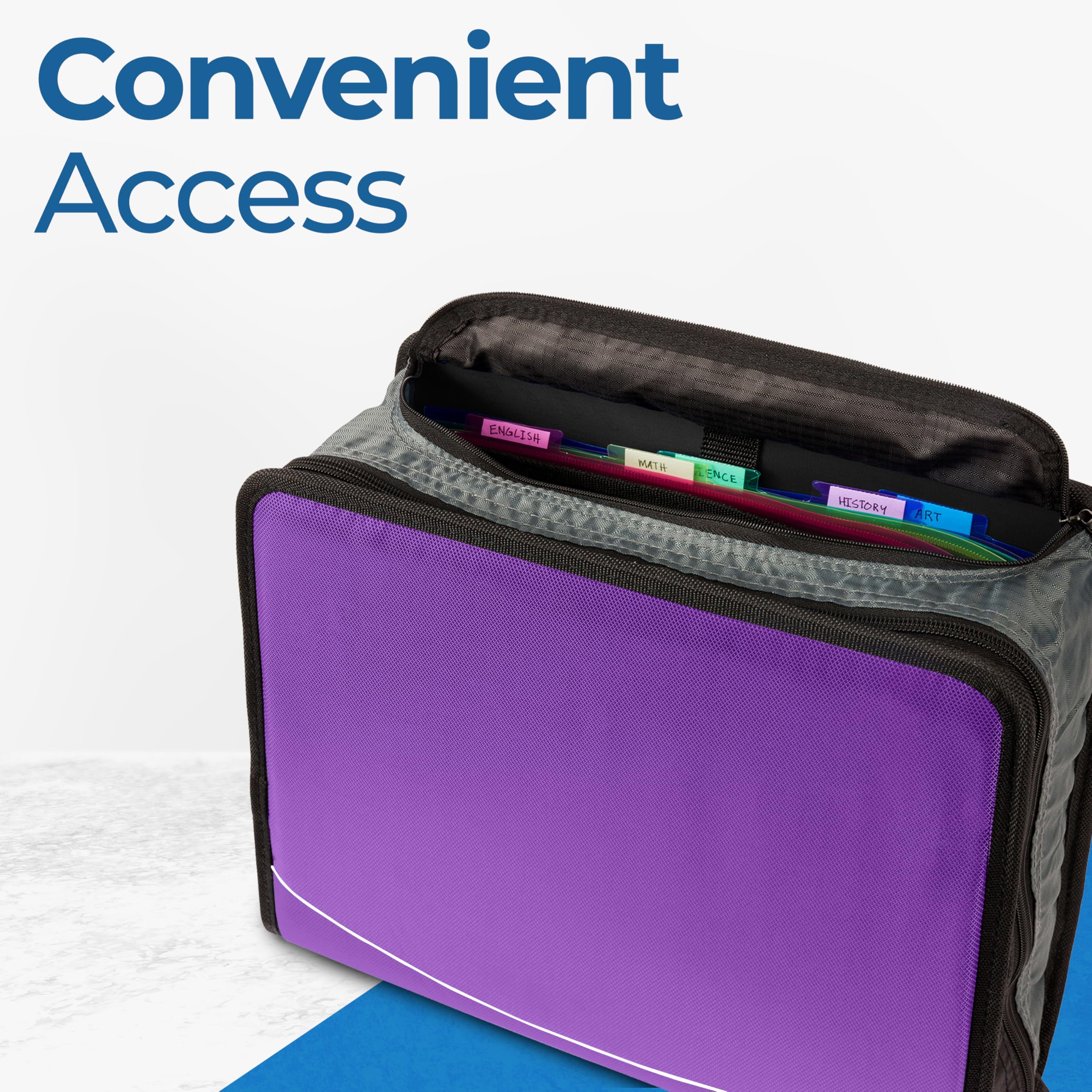 Case-it King Sized Zip Tab School Zipper Binder | 4-Inch D-Rings, 800 Sheet Capacity, 5-Subject Expanding File Folder, Multiple Pockets & Storage Organizer, Shoulder Strap | D-186 Deep Purple| 4 Pack - Image 6