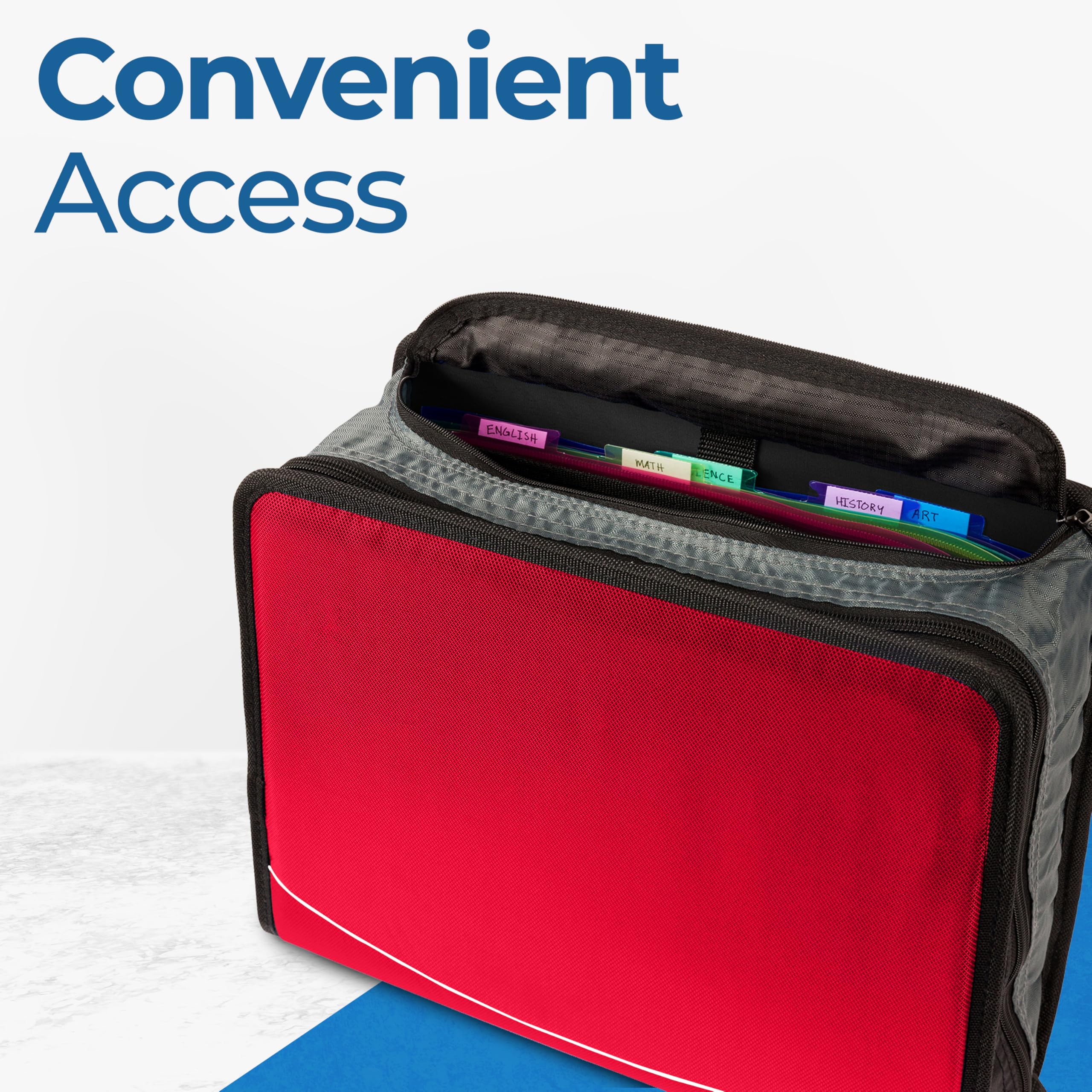 Case-it King Sized Zip Tab School Zipper Binder | 4-Inch D-Rings, 800 Sheet Capacity, 5-Subject Expanding File Folder, Multiple Pockets & Storage Organizer, Shoulder Strap|D-186 Fire Engine Red|4 Pack - Image 6