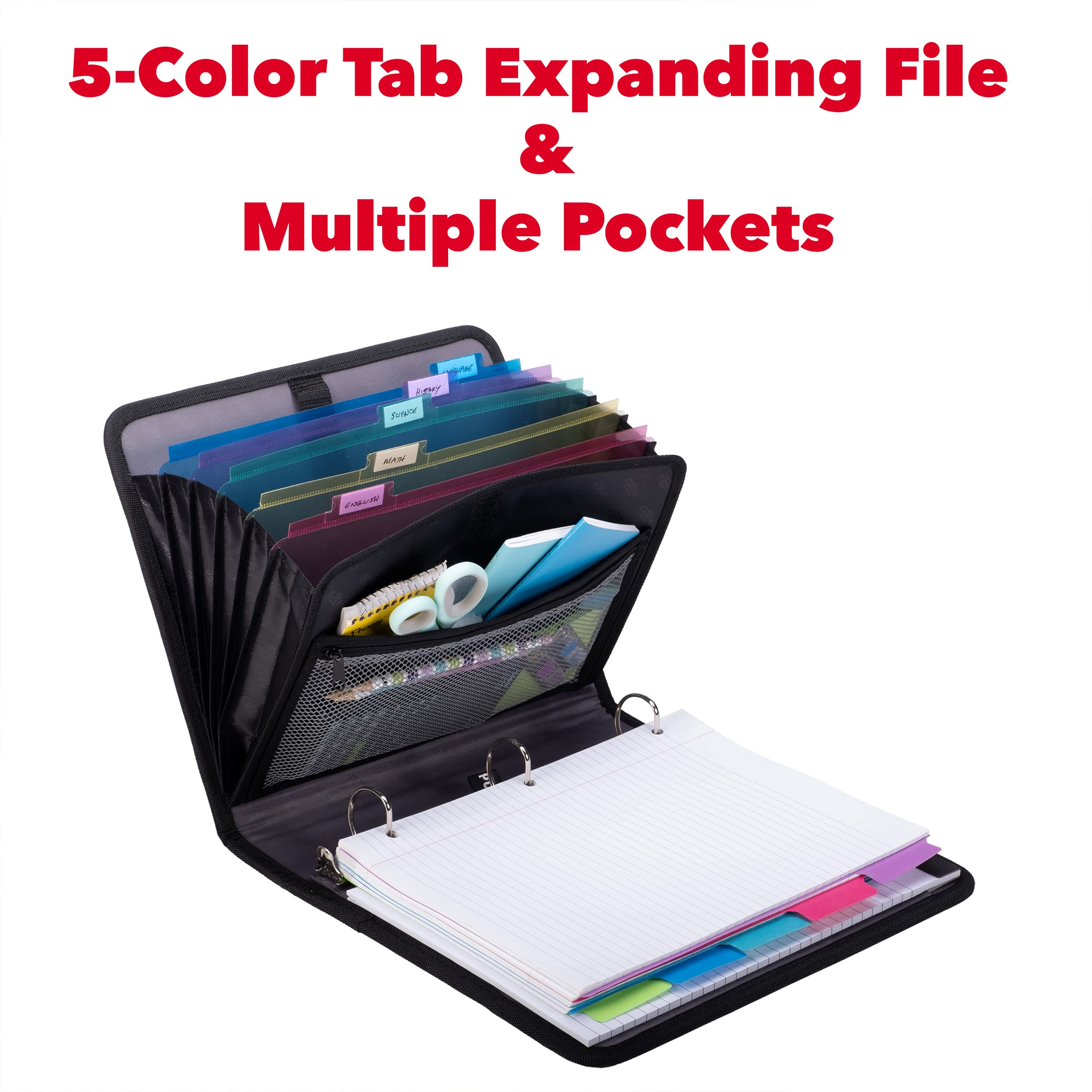 Case-it Padfolio with 1" Removable O-Ring Binder, with 5-Color Tabbed Expanding File Folder, Mesh Pockets, Pen Loops, Secure Elastic Strap Closure, Slim-700-FN, Black - Image 3