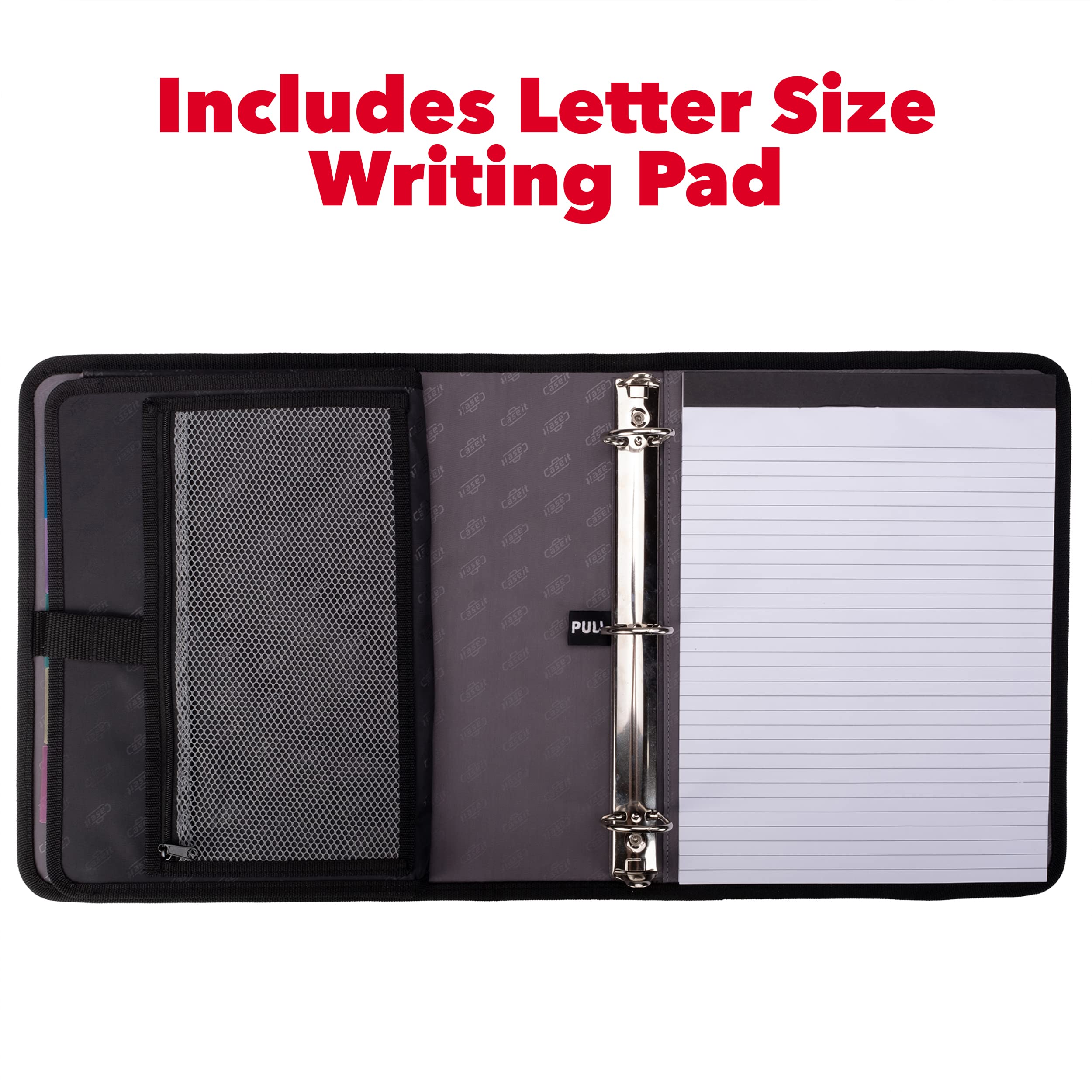 Case-it Padfolio with 1" Removable O-Ring Binder, with 5-Color Tabbed Expanding File Folder, Mesh Pockets, Pen Loops, Secure Elastic Strap Closure, Slim-700-FN, Black - Image 4