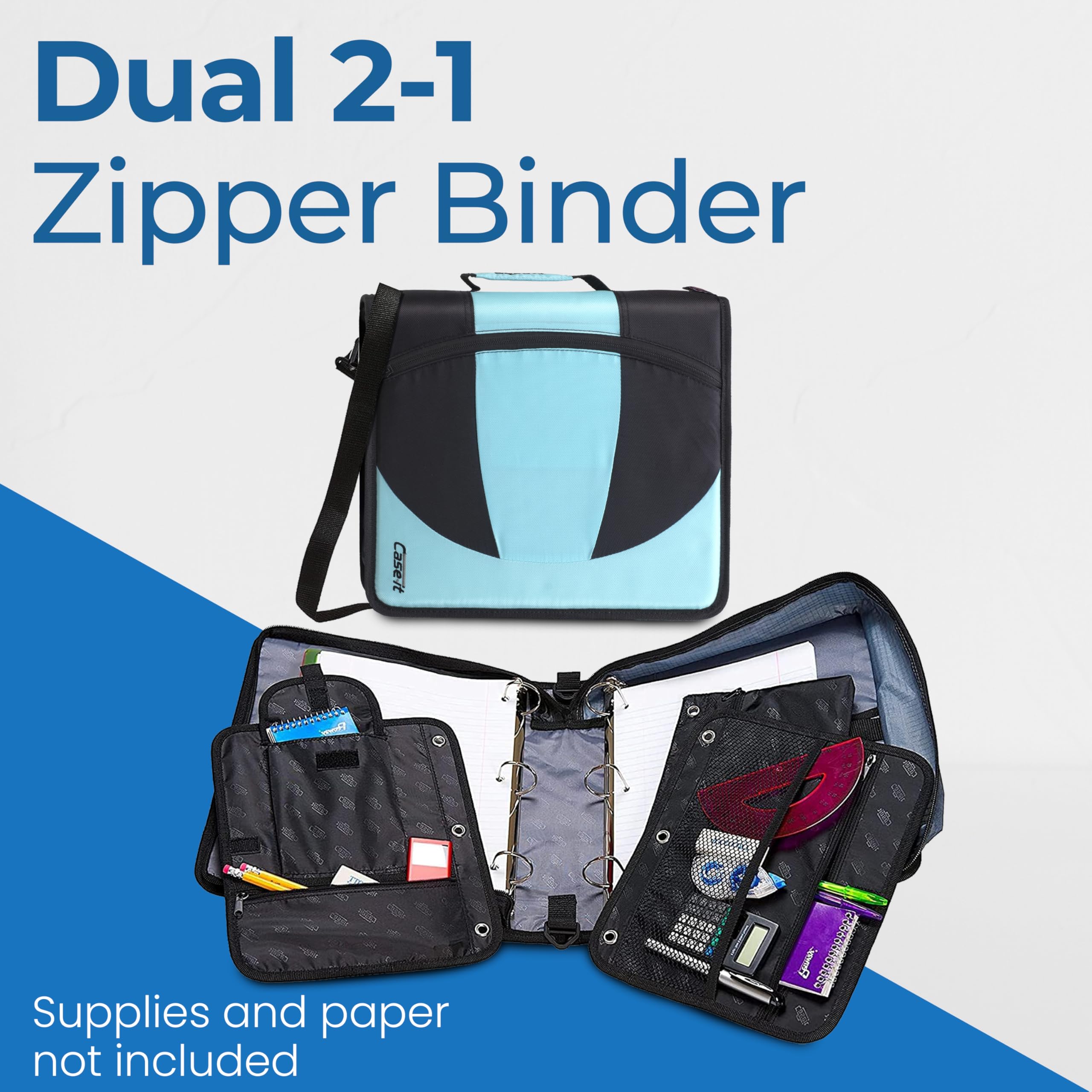 Case-it The Dual 2-in-1 Zipper Binder | Two 1.5-Inch D-Rings, 600 Sheet Capacity, Pencil Pouch & Multiple Pockets | School & Office Organizer with Shoulder Strap | Dual-101 Spearmint - Image 7