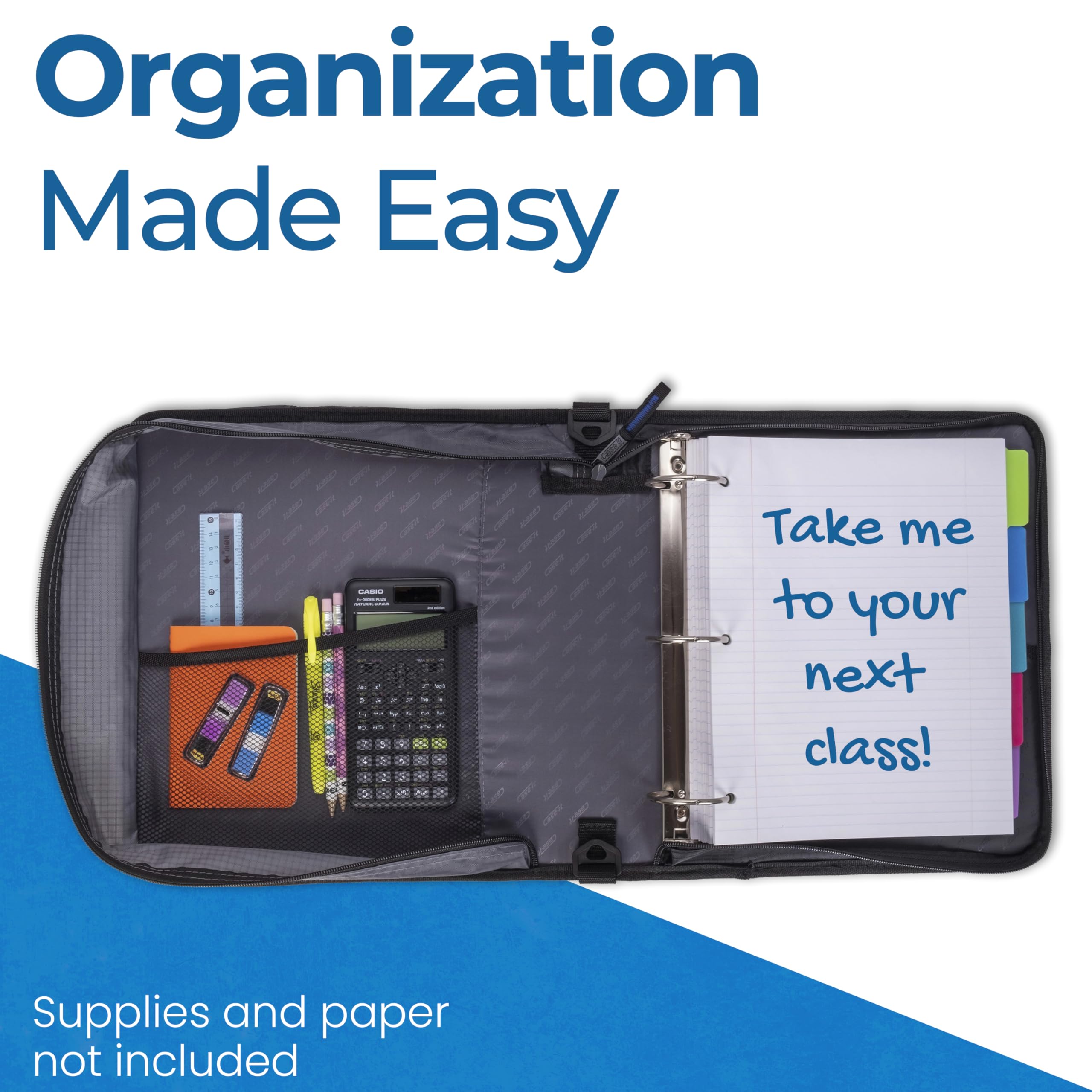 Case-it Universal Zipper Binder | 2-Inch O-Rings, 13-Inch Laptop/Tablet Padded Pocket, 400 Sheet Capacity, Multiple Storage Pockets & Shoulder Strap | School & Office Organizer | LT-007 Jet Black - Image 7