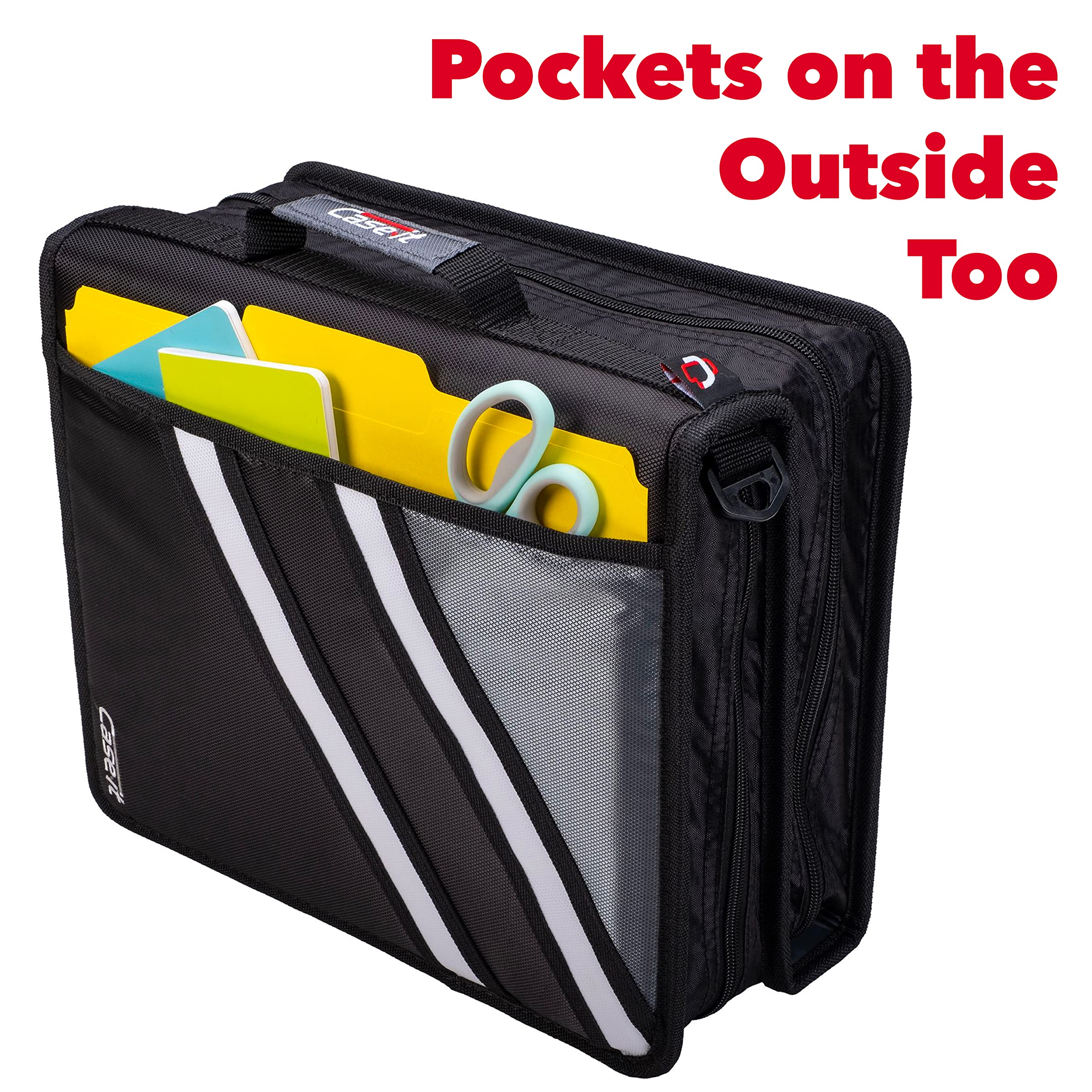 Case-it The Z Shape Zipper Binder - Two Binders in One - Double Sided 1.5 Inch D-Ring - Multiple Pockets - 500 Page Capacity - Comes with Shoulder Strap, Jet Black Z-176 - Image 4