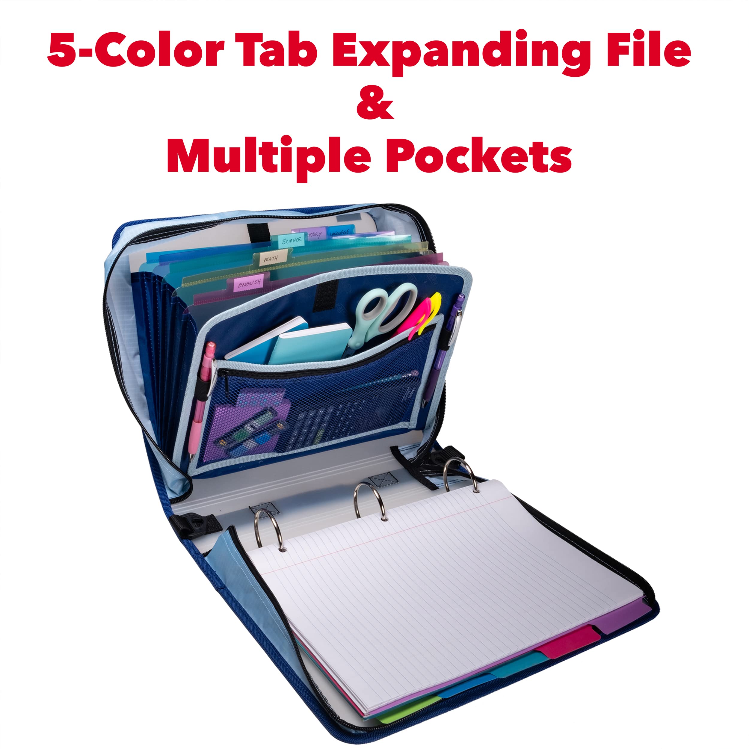 Case-it Transulcent Go Tab Zipper Binder, 2" O-Ring with 5-Color tabs, Expanding File Folder and Shoulder Strap and Handle, PS-430, Blue - Image 3