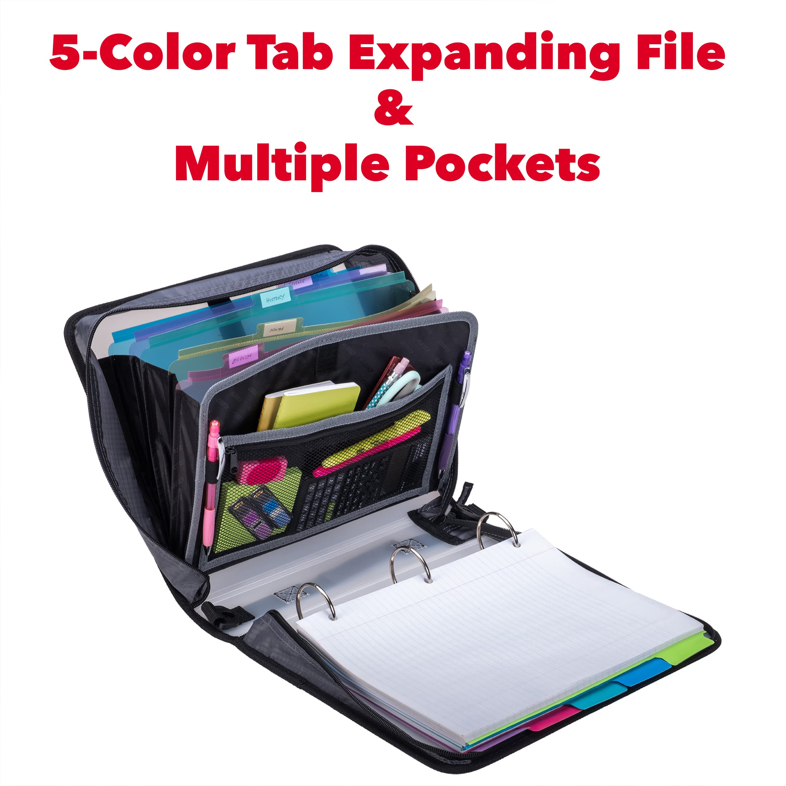 Case-it Transulcent Go Tab Zipper Binder, 2" O-Ring with 5-Color tabs, Expanding File Folder and Shoulder Strap and Handle, PS-430, Black - Image 3