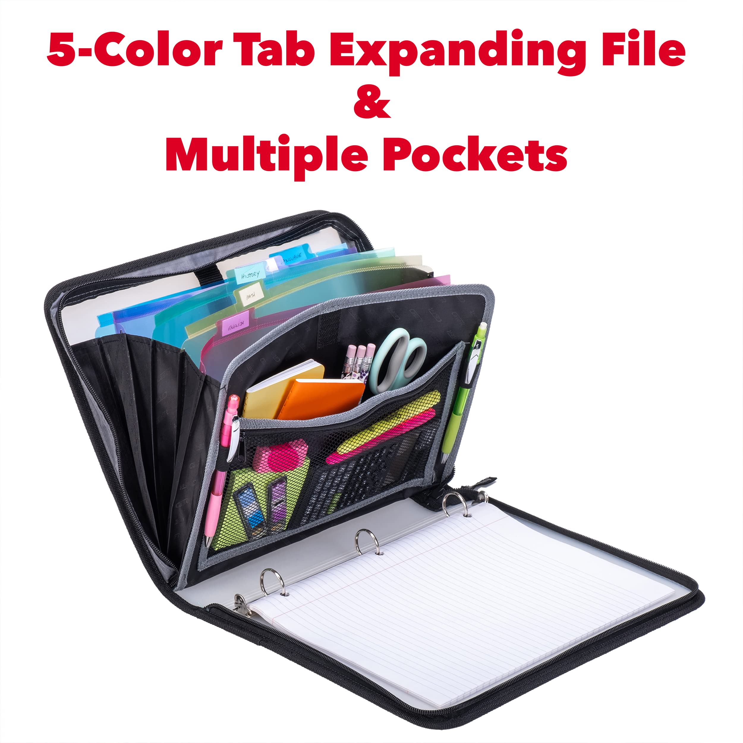 Case-it Transulcent Slim Go Tab Zipper Binder, 1" O-Ring with 5-Color tabs, Expanding File Folder, PS-425-Slim, Black - Image 3