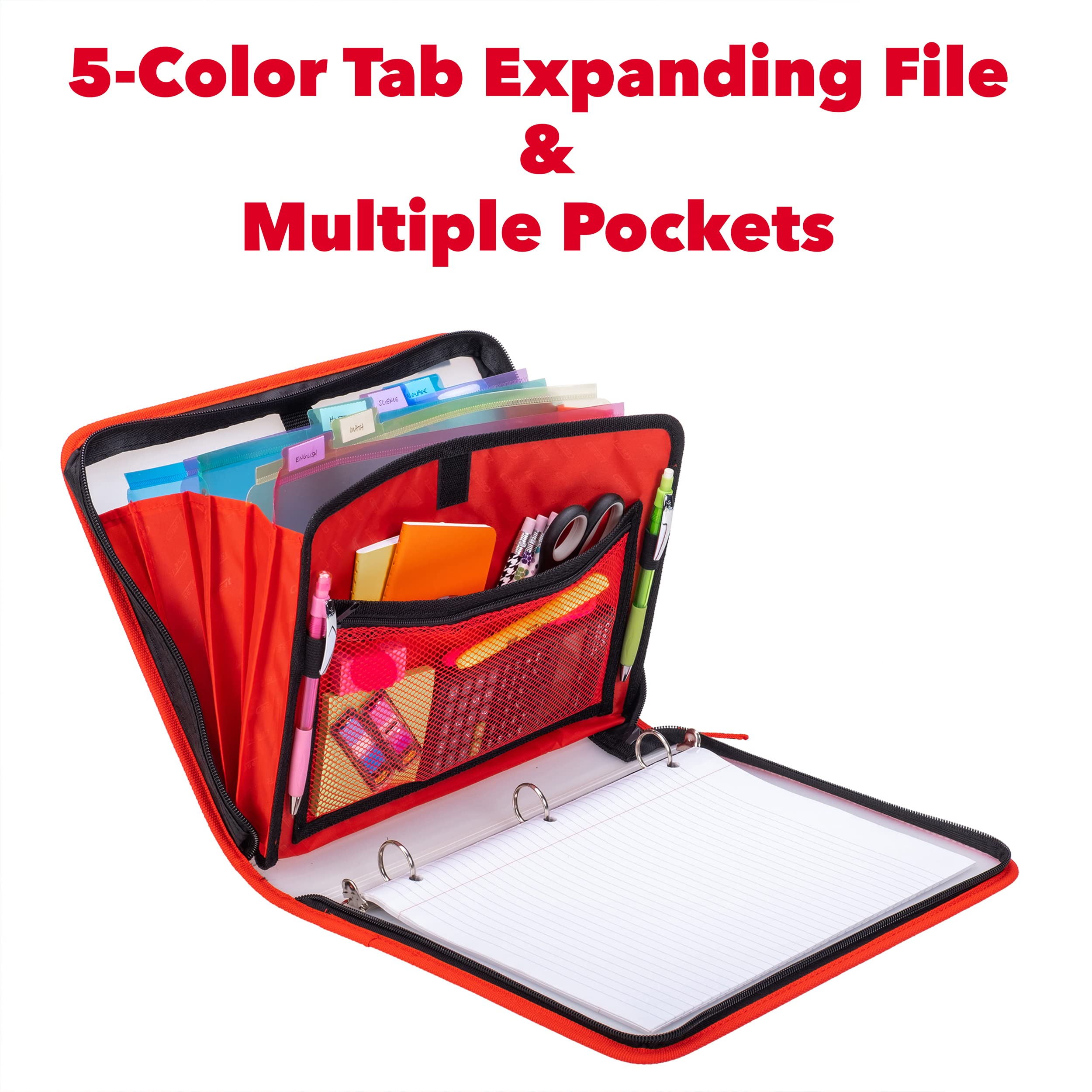 Case-it Transulcent Slim Go Tab Zipper Binder, 1" O-Ring with 5-Color tabs, Expanding File Folder, PS-425-Slim, Red - Image 3
